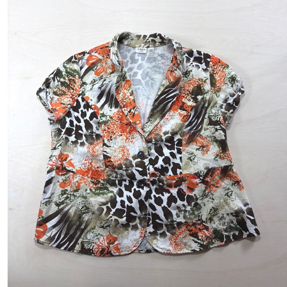 Cato Woman Floral Animal Print Short Sleeve Blazer Top Orange Green Plus 18/20W